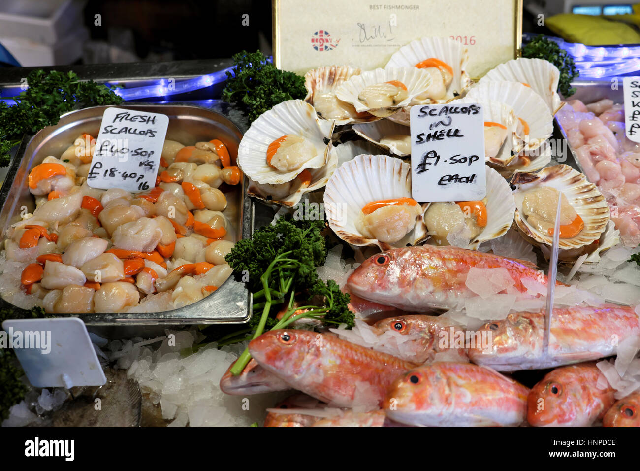 Fish stall display at Borough Market near London Bridge in Southwark