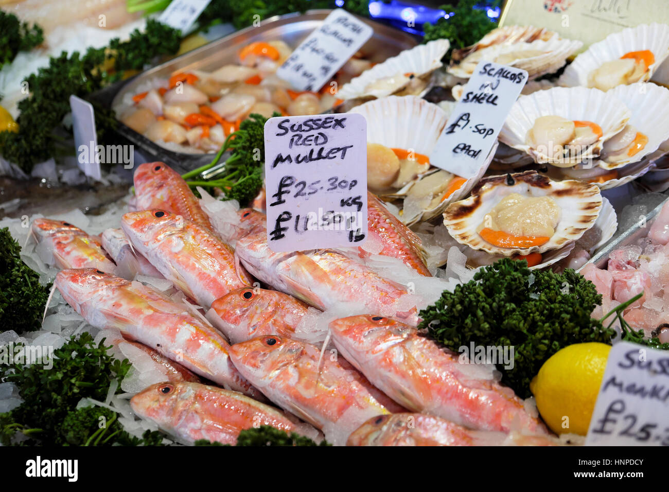 Fish stall display at Borough Market near London Bridge in Southwark, South London, UK  KATHY DEWITT Stock Photo