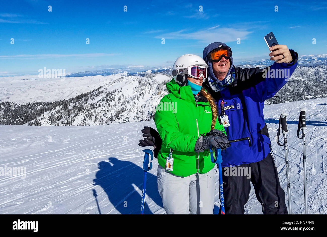 Skiing couple takes a selfie at Bogus Basin outside Boise, ID. Stock Photo