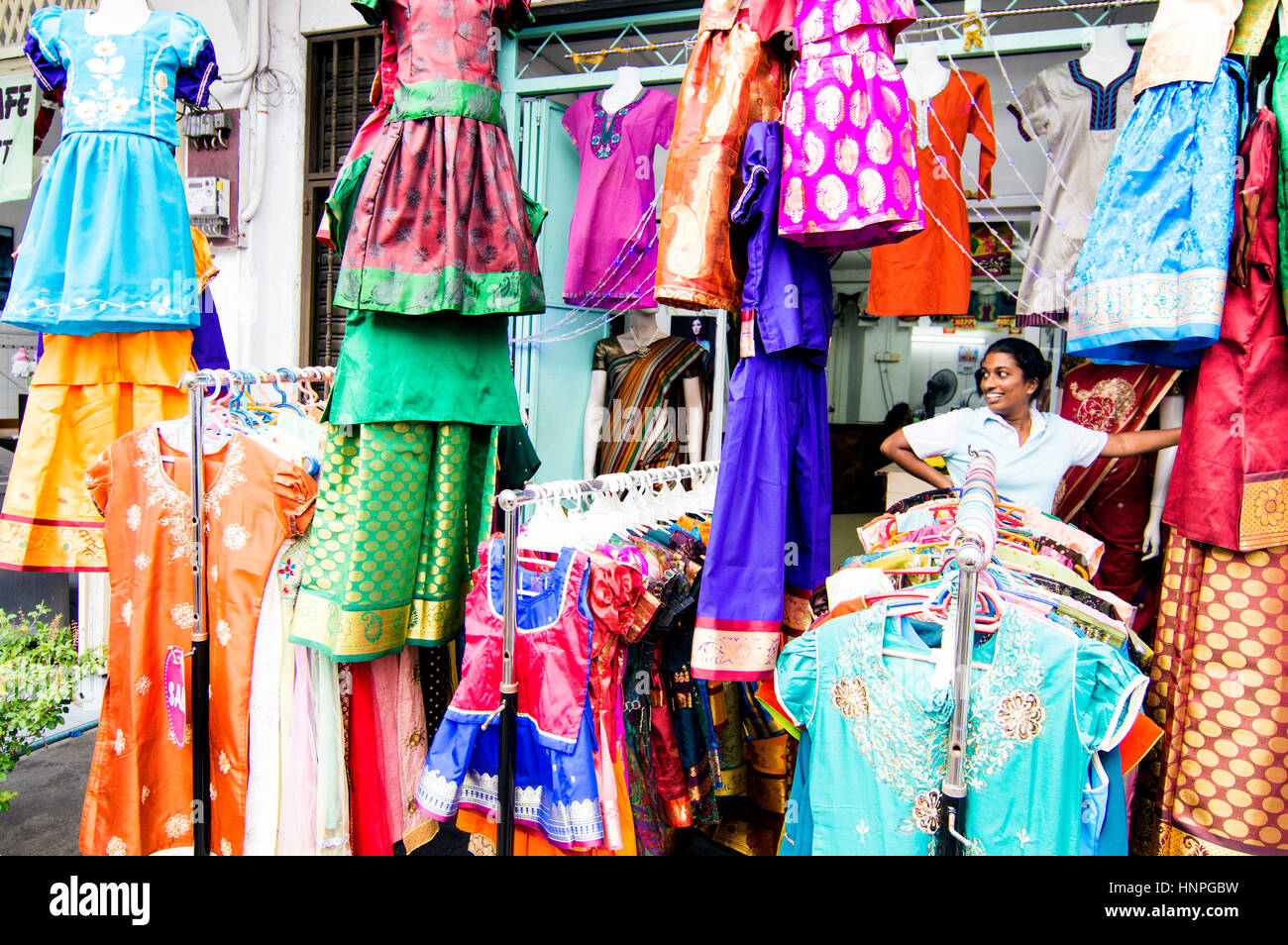 Indian boutique display, Lebuh Pasar, Little India, Georgetown, Penang, Malaysia Stock Photo