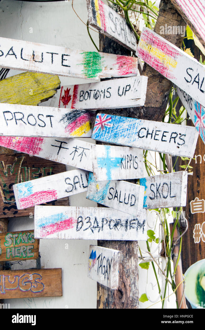 Tourist bar novelty signposts, Love Lane, Penang, Malaysia Stock Photo