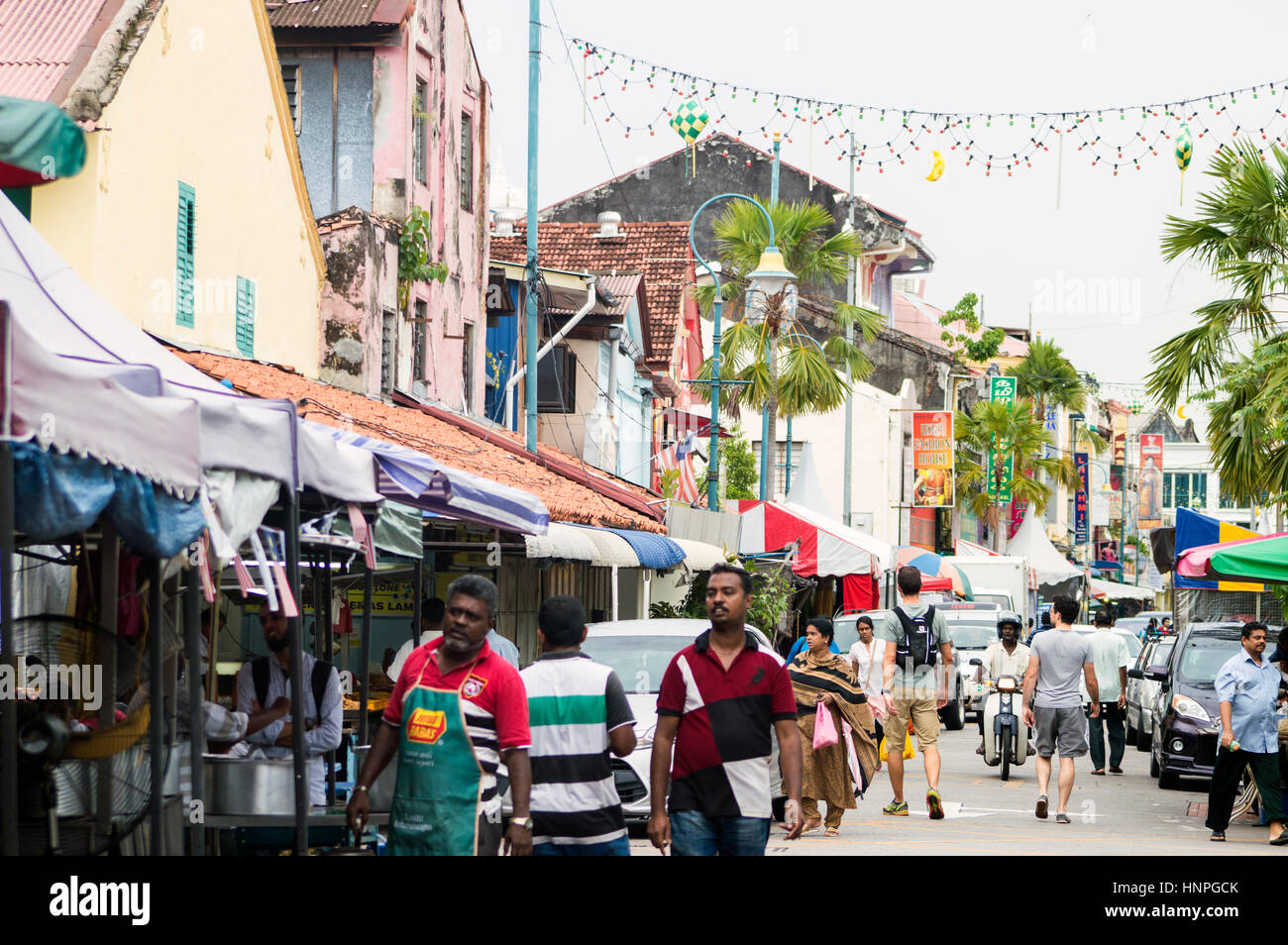 Street scene with indian shops and stall, Lebuh Pasar, Little India, Georgetown, Penang, Malaysia Stock Photo