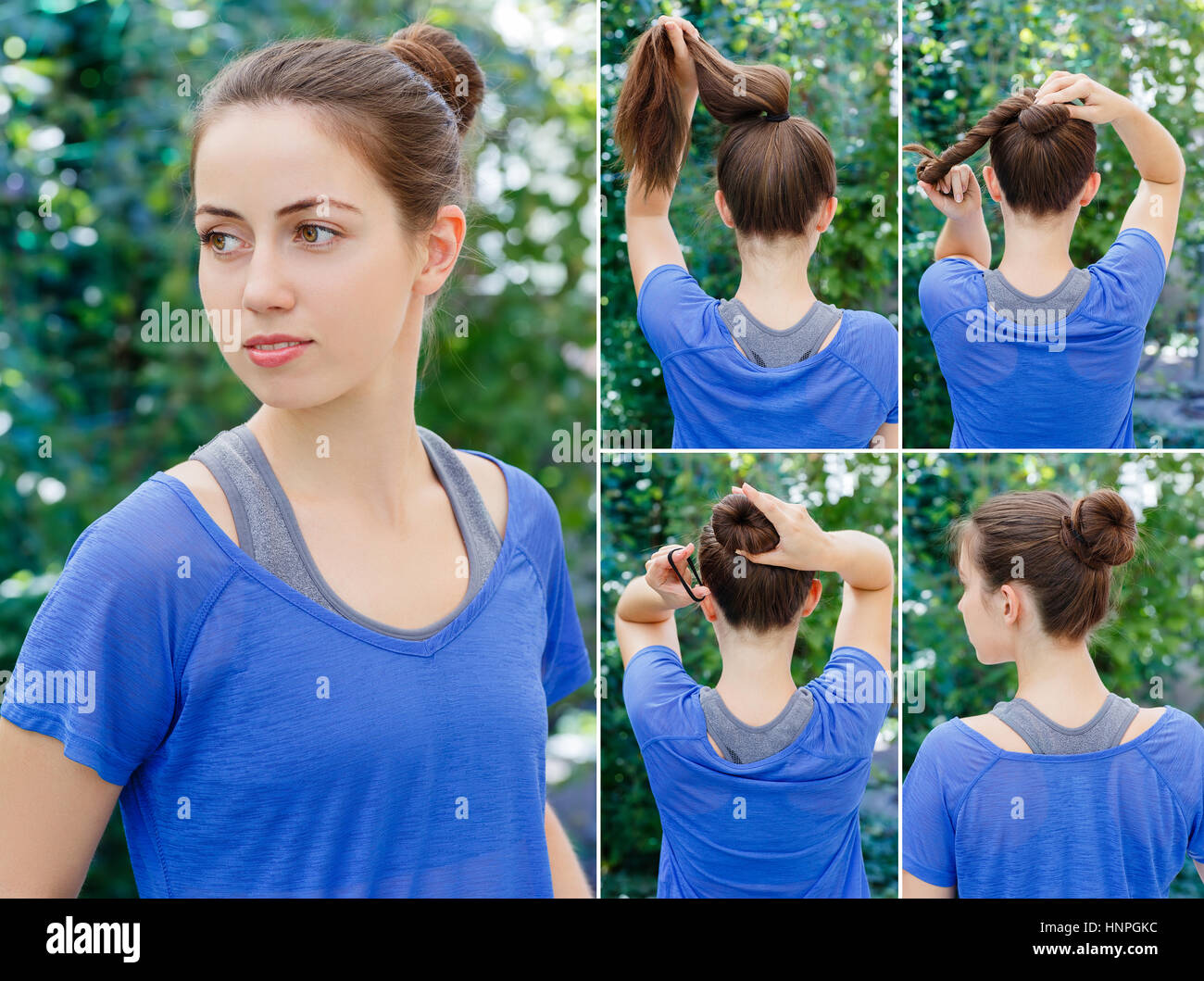 Hair tutorial. Hairstyle twisted bun tutorial. Backstage technique of twisting  bun. Hairstyle. Tutorial. Hairstyle for sports Stock Photo - Alamy