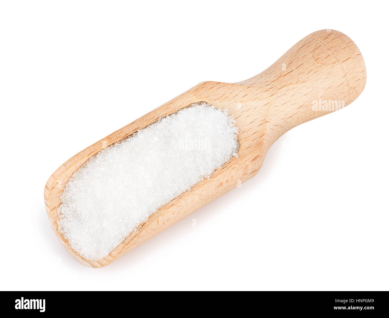 granulated sugar in wooden scoop isolated on white background. Full