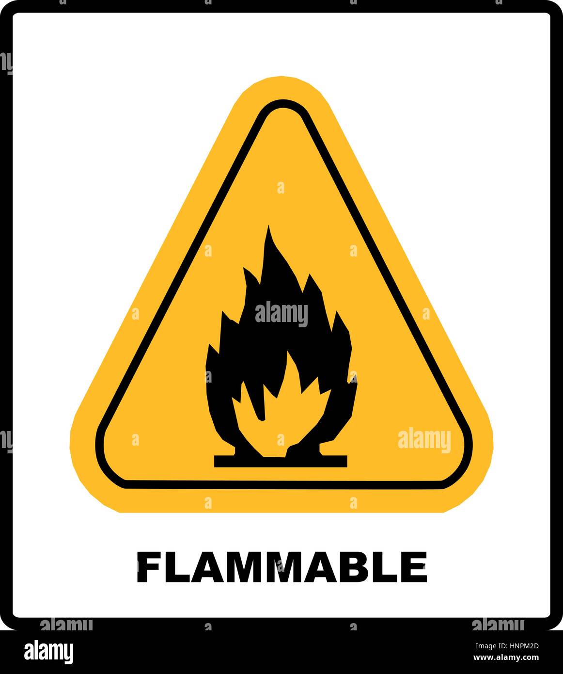 Fire warning sign in yellow triangle. High Flammable Materials 