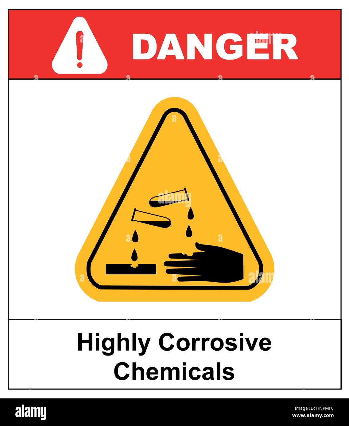 Highly corrosive chemicals sign in yellow triangle isolated on white danger banner with text Stock Vector