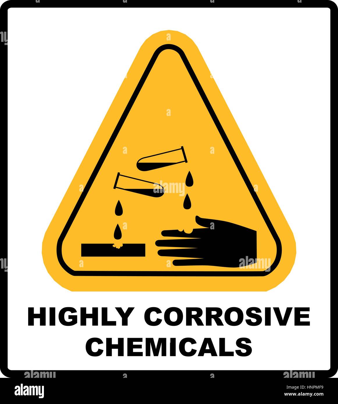 Highly corrosive chemicals sign in yellow triangle isolated on white danger banner with text Stock Vector