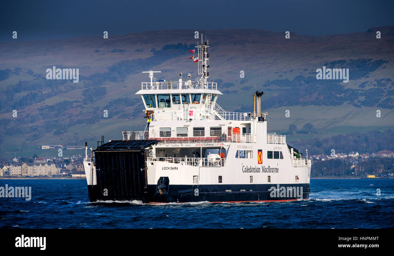 The Calmac ferry 'Loch Shira' making the short crossing from Largs on the Scottish mainland to the island of Great Cumbrae of the west coast of Scotla Stock Photo