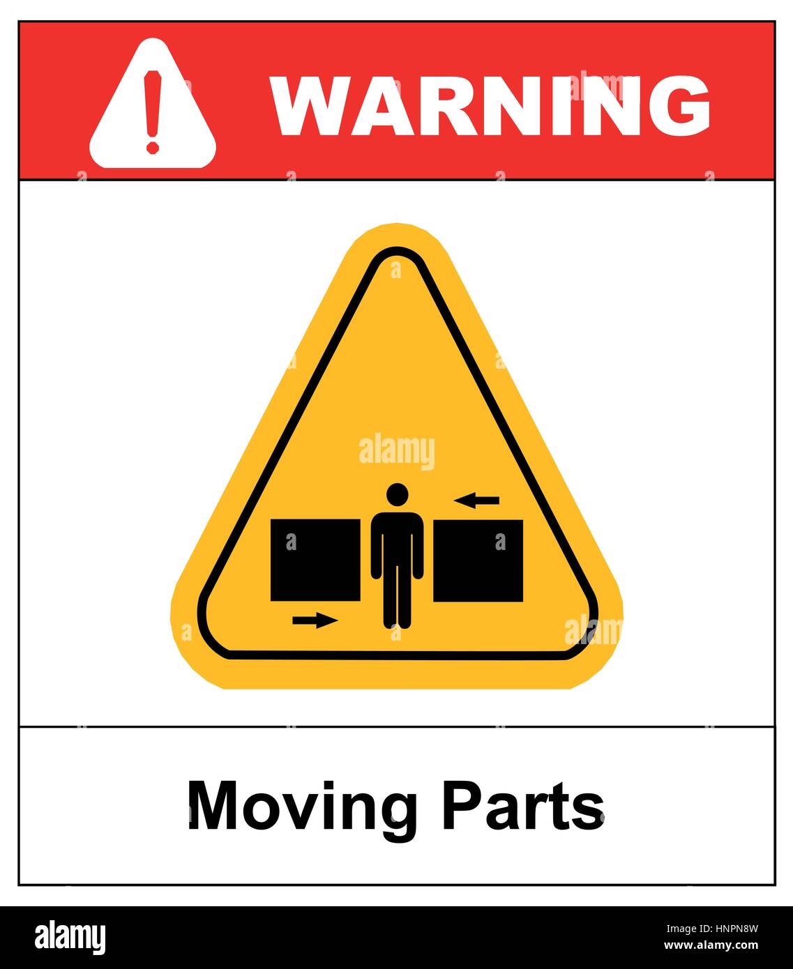 Set of danger Moving Parts signs in yellow triangle with man between two press, vector illustration warning banner Stock Vector