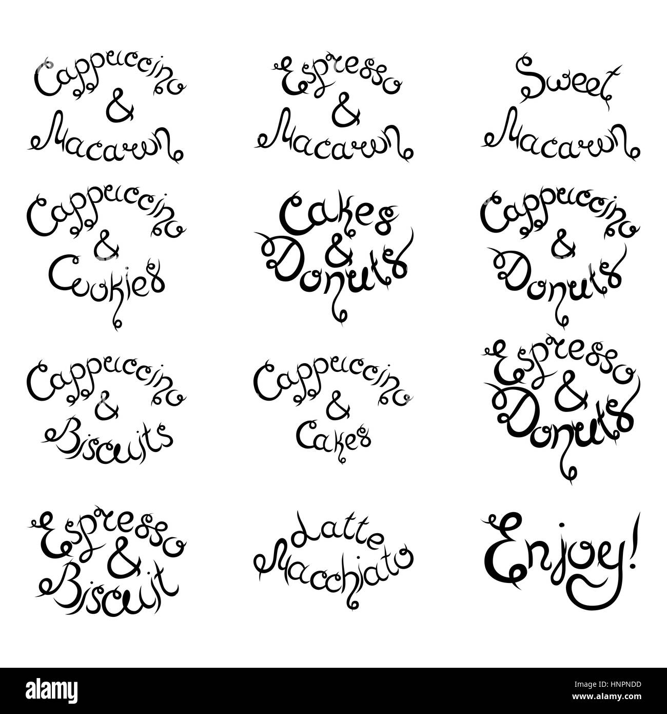 Set 1 of curly hand-drawn lettering Phrases for Coffee Shop. Espresso Cappuccino Cakes Donuts Macarons Cookies Biscuits Latte Macchiatto Cup of Coffee Stock Vector