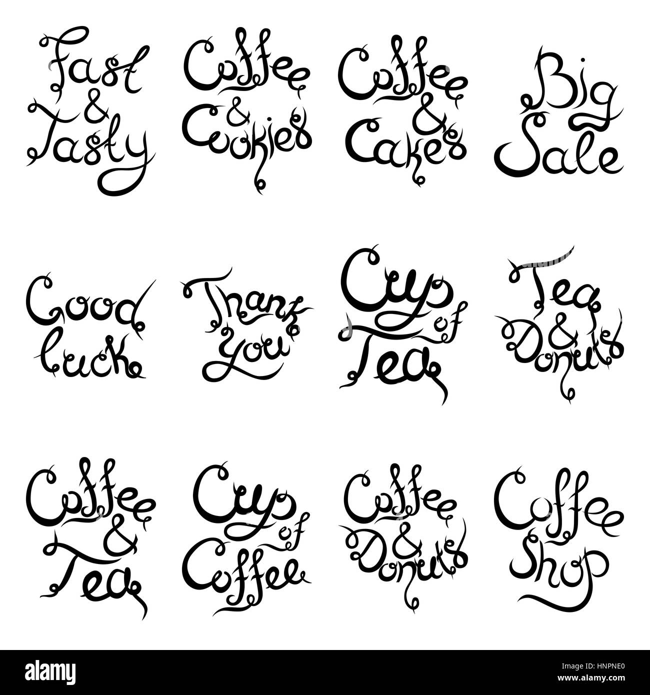 Set 2 of curly hand-drawn lettering Phrases for Coffee Shop. Espresso Cappuccino Cakes Donuts Macarons Cookies Biscuits Latte Macchiatto Cup of Coffee Stock Vector