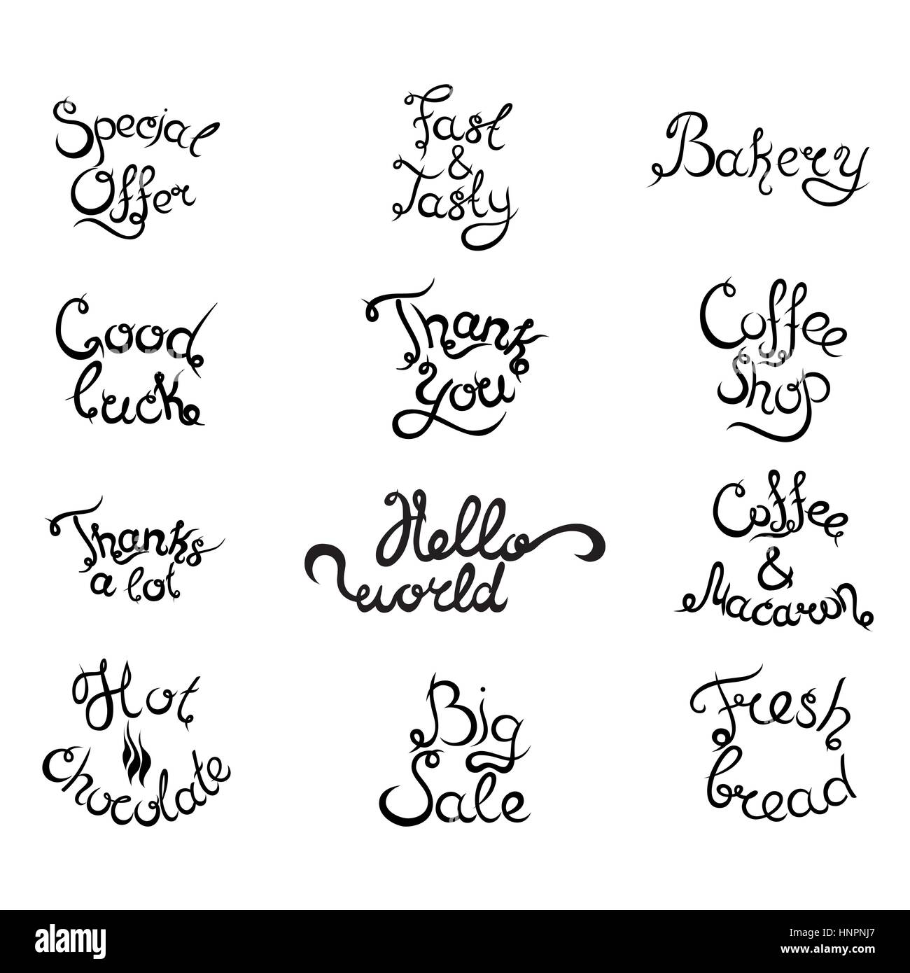 Set 4 of curly hand-drawn lettering Phrases for Coffee Shop. Espresso Cappuccino Cakes Donuts Macarons Cookies Biscuits Latte Macchiatto Cup of Coffee Stock Vector
