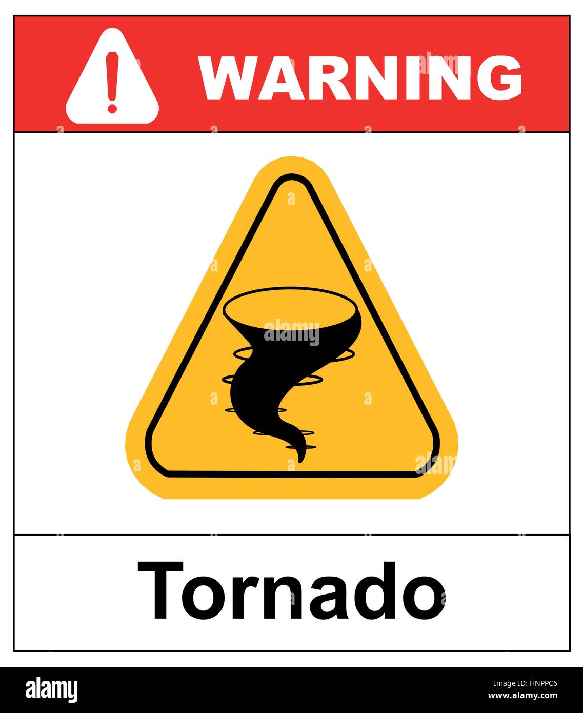 Warning tornado hazard sign in yellow triangle. Vector sticker,banner