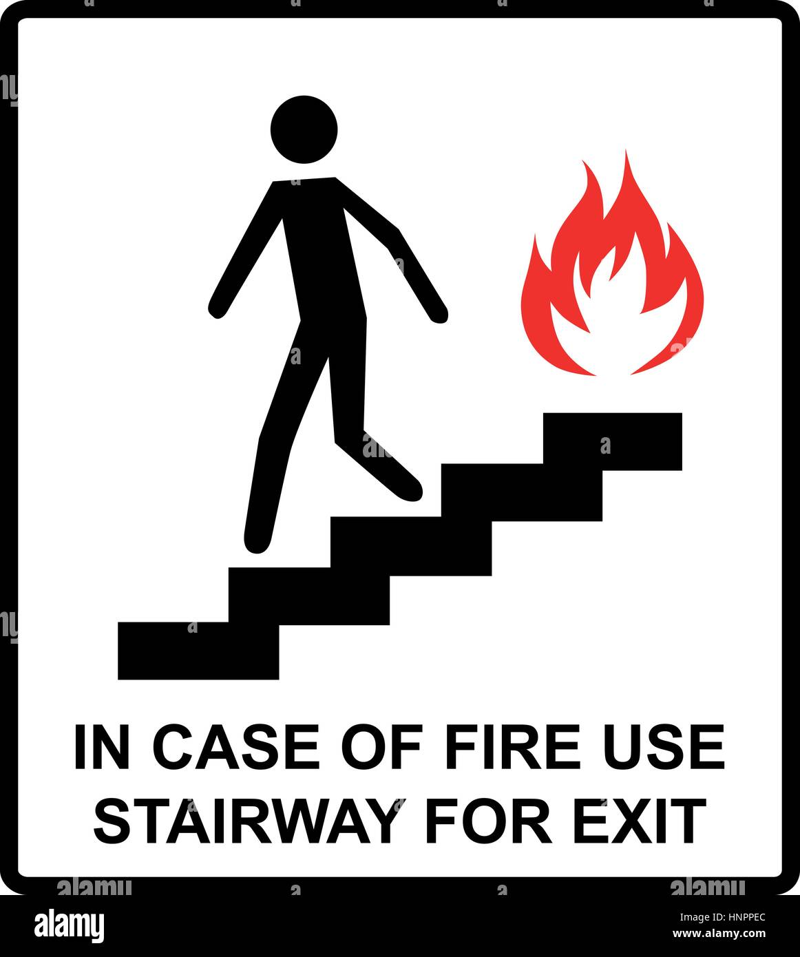 in case of fire use stairway for exit sign. man going on emergency exit