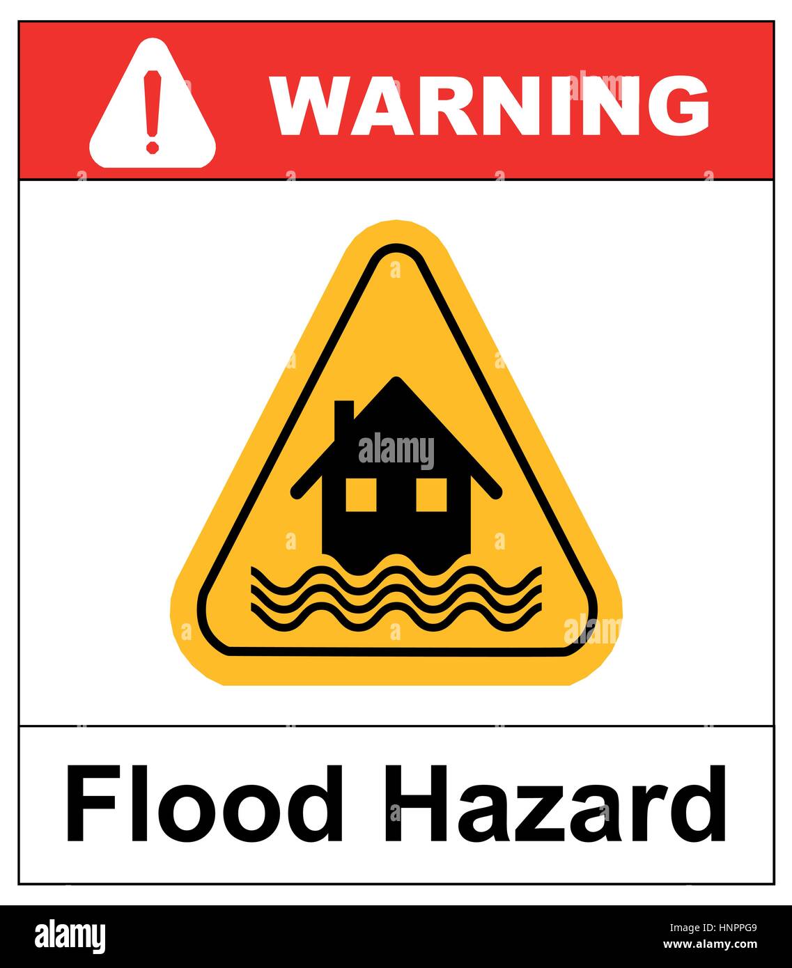 Flood Disaster Yellow Sign - House and waves on yellow sign isolated on white background. Vector banner with text. Yellow triangle warning symbol. Stock Vector