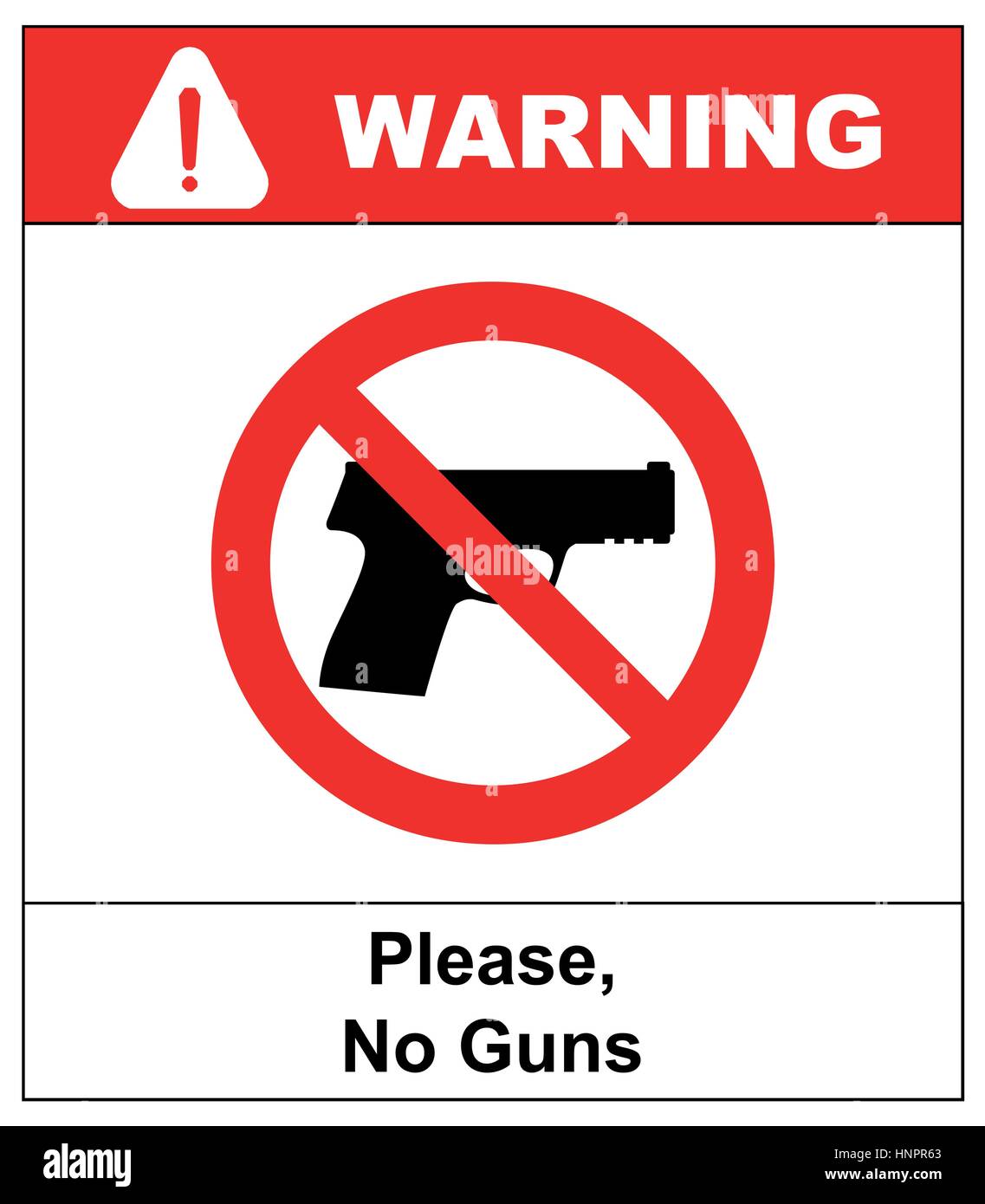Prohibiting sign for weapons. No gun sign. Vector illustration, warning banner for public places, isloated on white, general red prohibition circle. Stock Vector