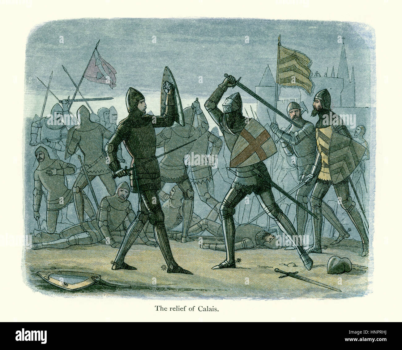The relief of Calais.  English and French troops fight during the Hundred Years War.  Doyle, Chronicle of England Stock Photo