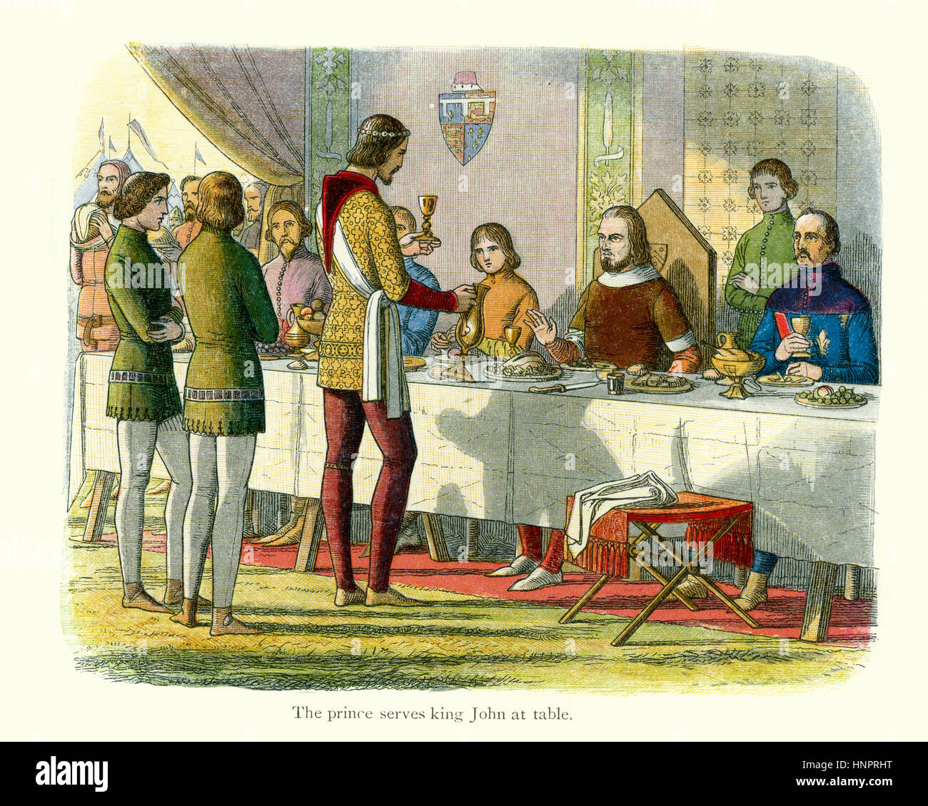 Edward the Black prince serving King John of France at table after having defeated him at the Battle of Poitiers in 1356  Doyle, Chronicle of England Stock Photo