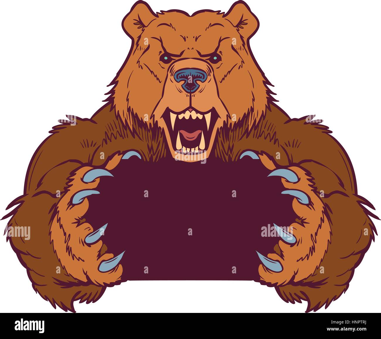 Cartoon vector clip art illustration template of a brown bear mascot holding or gripping empty space between its claws. Vector layers are set up for e Stock Vector