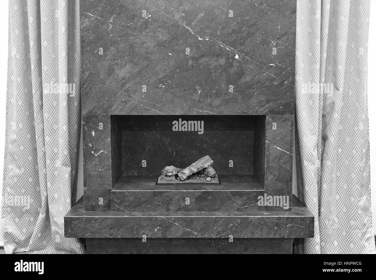 Minimalism Stone Fireplace Apartment Interior Detail Black White