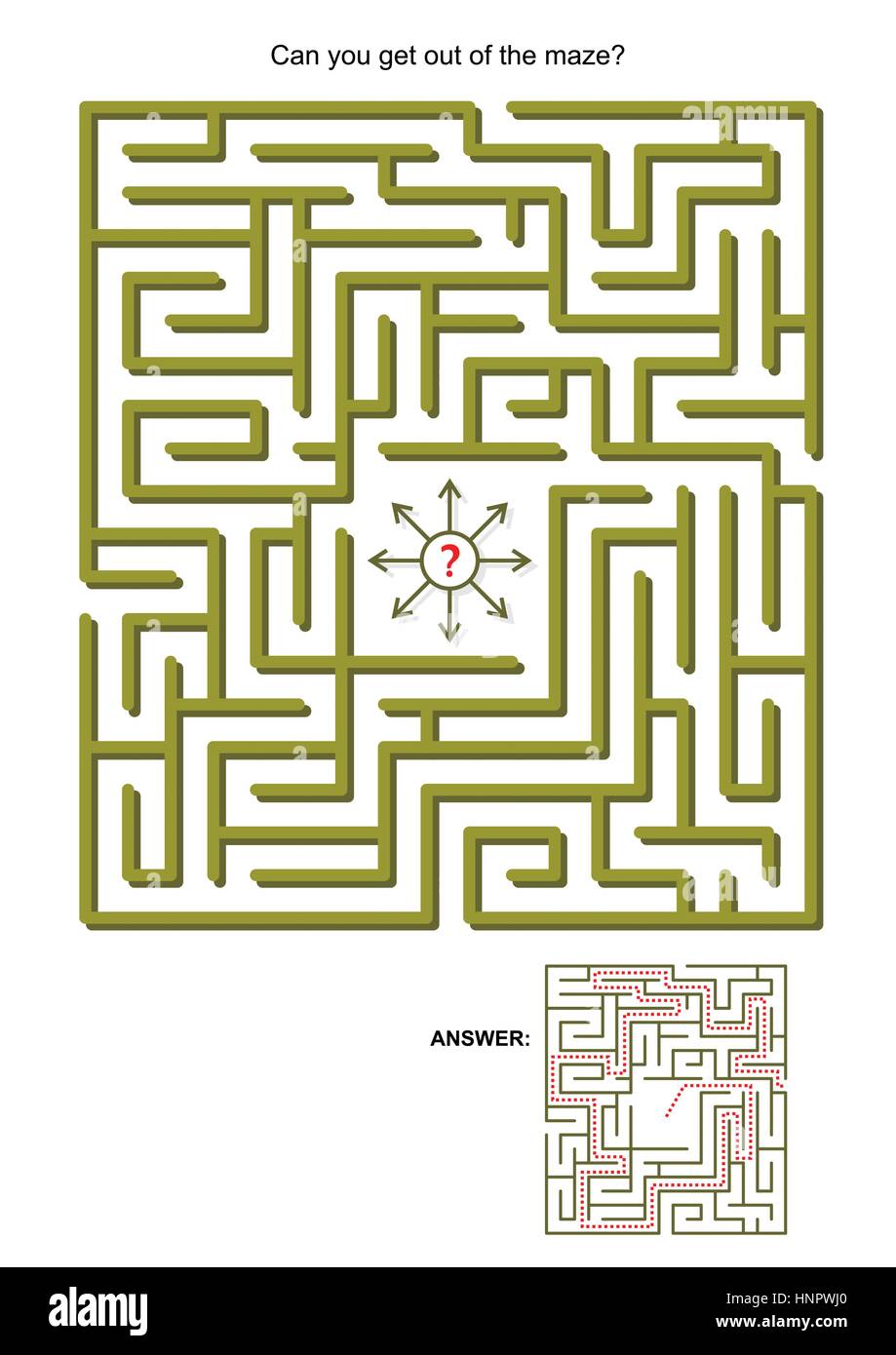 Maze game for kids or adults: Can you get out of the maze? Answers included. Stock Vector