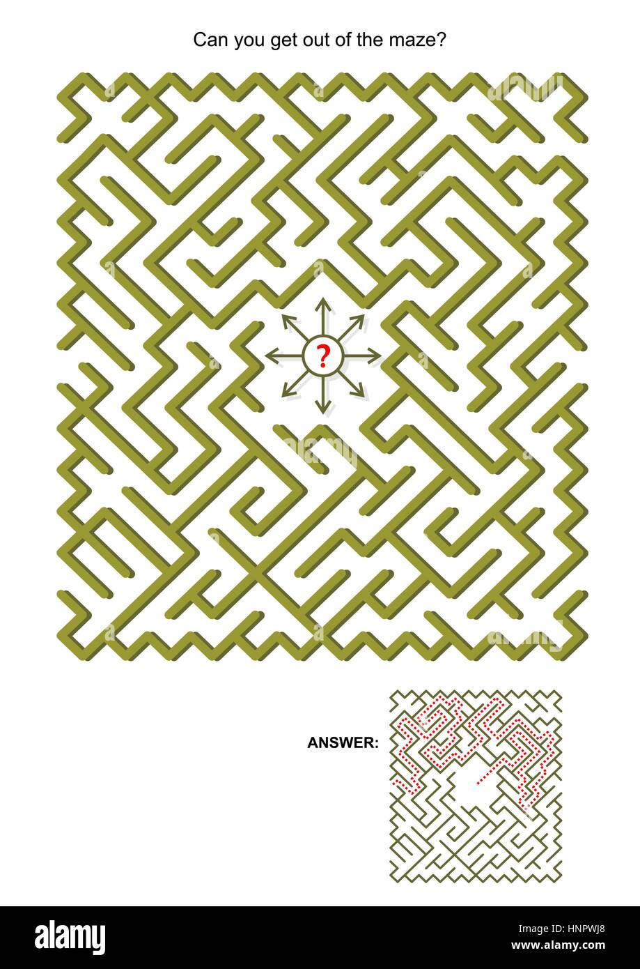 Maze game for kids or adults: Can you get out of the maze? Answers included. Stock Vector