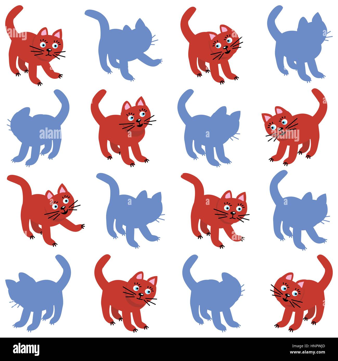 Shadow match game with red cats and their silhouettes. Or use this image as seamless pattern. Stock Vector