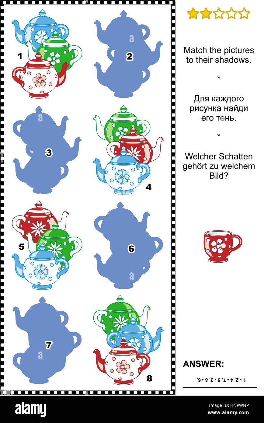 Visual puzzle Match the pictures of colorful teapots to their shadows