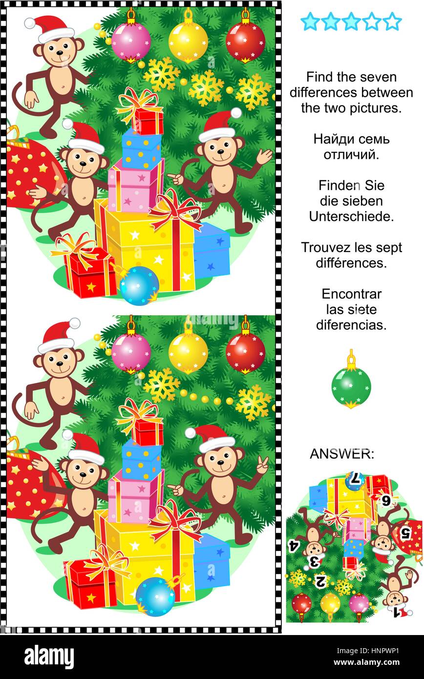 Winter holiday themed visual puzzle Find the seven differences between