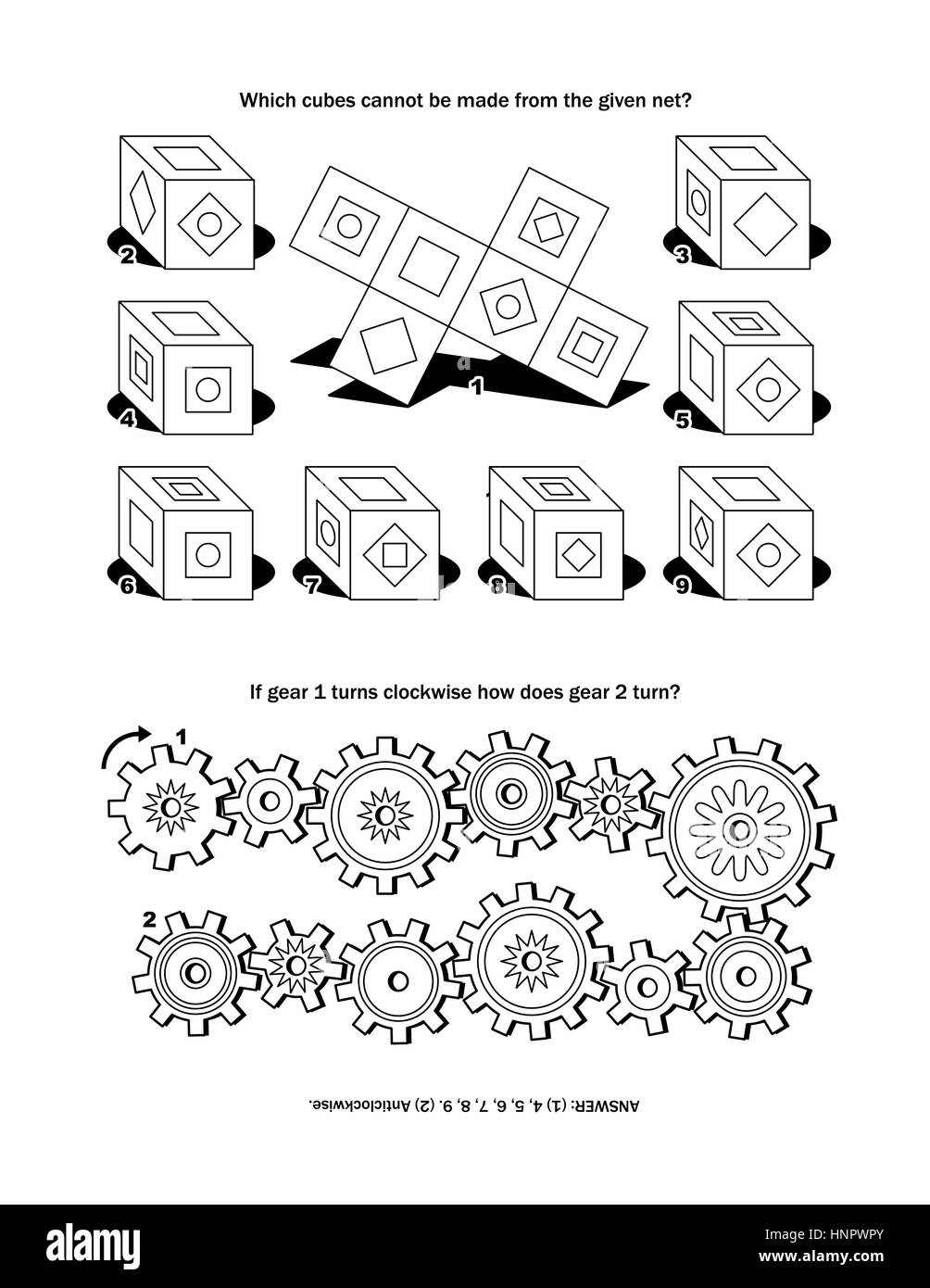 Puzzle page with two puzzles: Which cubes can be made from the given net? If gear 1 turns anticlockwise how does gear 2 turn? Answer included. Stock Vector