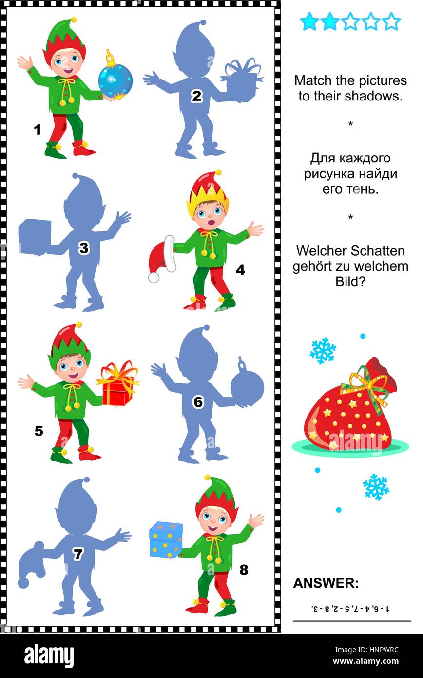 Christmas or New Year themed visual puzzle: Match the pictures of christmas elves to their shadows. Answer included. Stock Vector