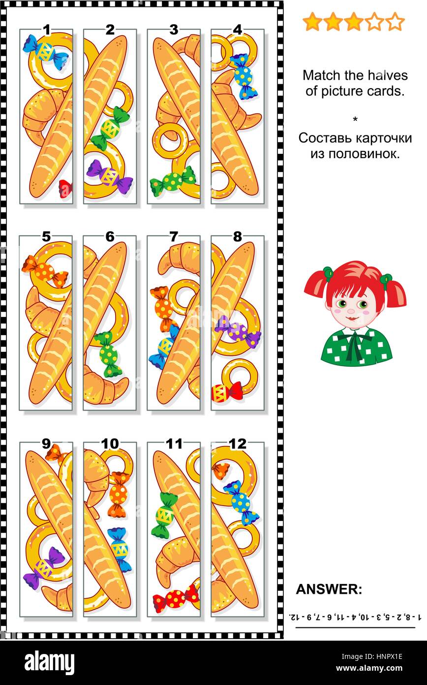 Visual puzzle: Match the halves of cards with various baked goods and colorful candies. Answer included. Stock Vector