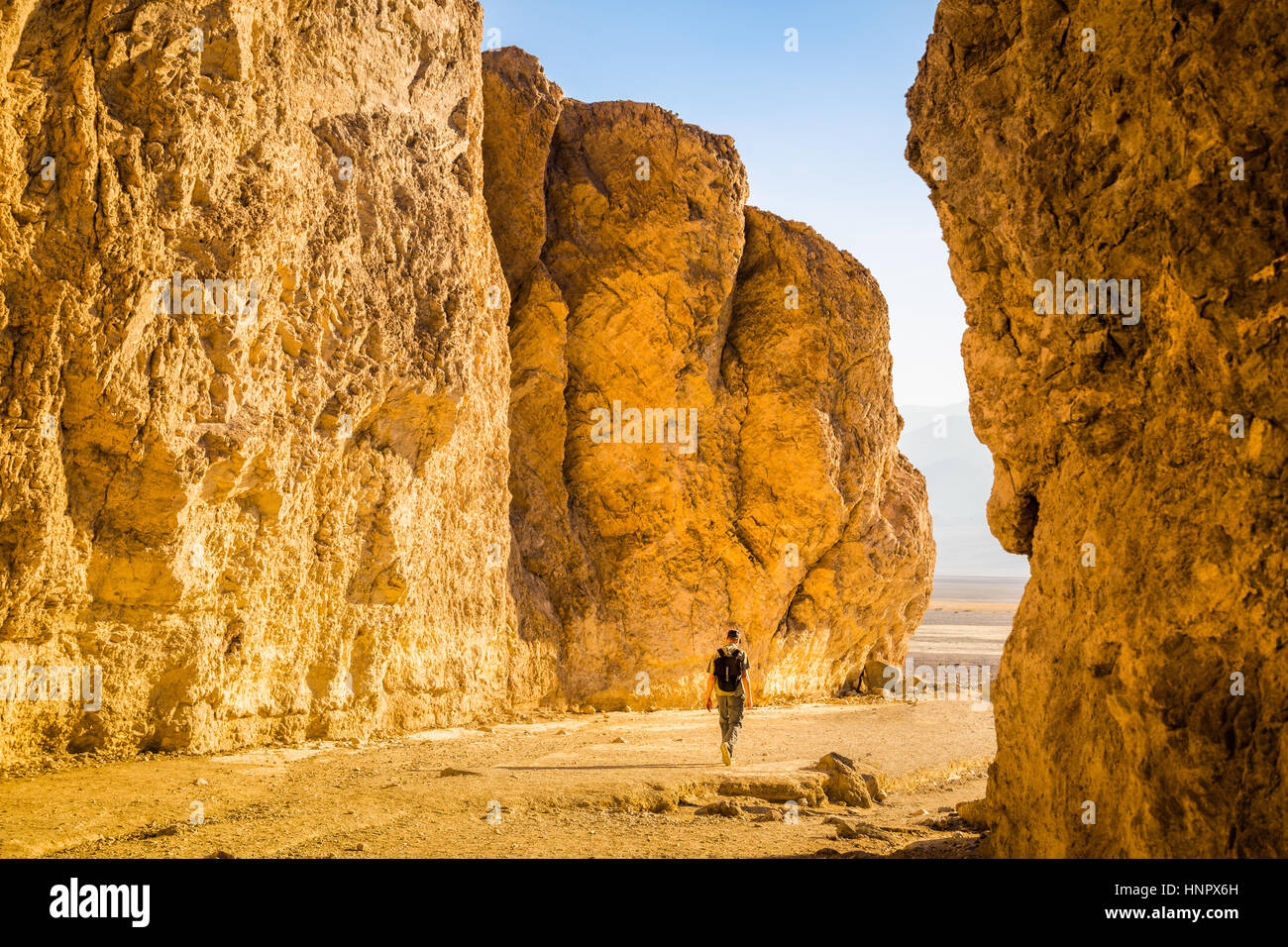 A Male backpacker is hiking on a trail through famous Golden Canyon illuminated in beautiful evening light at sunset in summer, Death Valley NP, USA Stock Photo