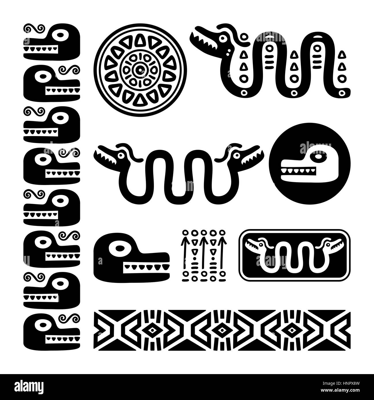 Aztec animals, Mayan snake, ancient Mexican design set Stock Vector