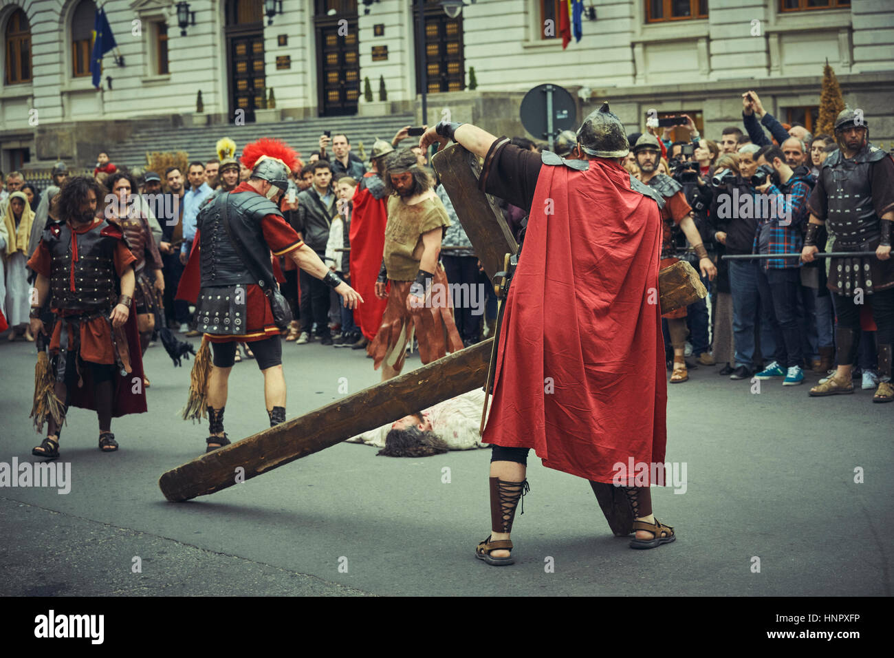 Romanian actors reenact the path of Jesus Christ along the Stations of the Cross on Good Friday, April 15, 2014, downtown Bucharest, Romania Stock Photo