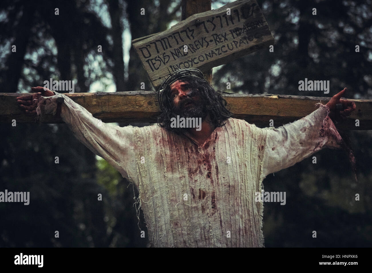 Actor plays Jesus Christ crucified during the street reenactment of the Stations of the Cross on Good Friday, April 15, 2014, Bucharest, Romania Stock Photo