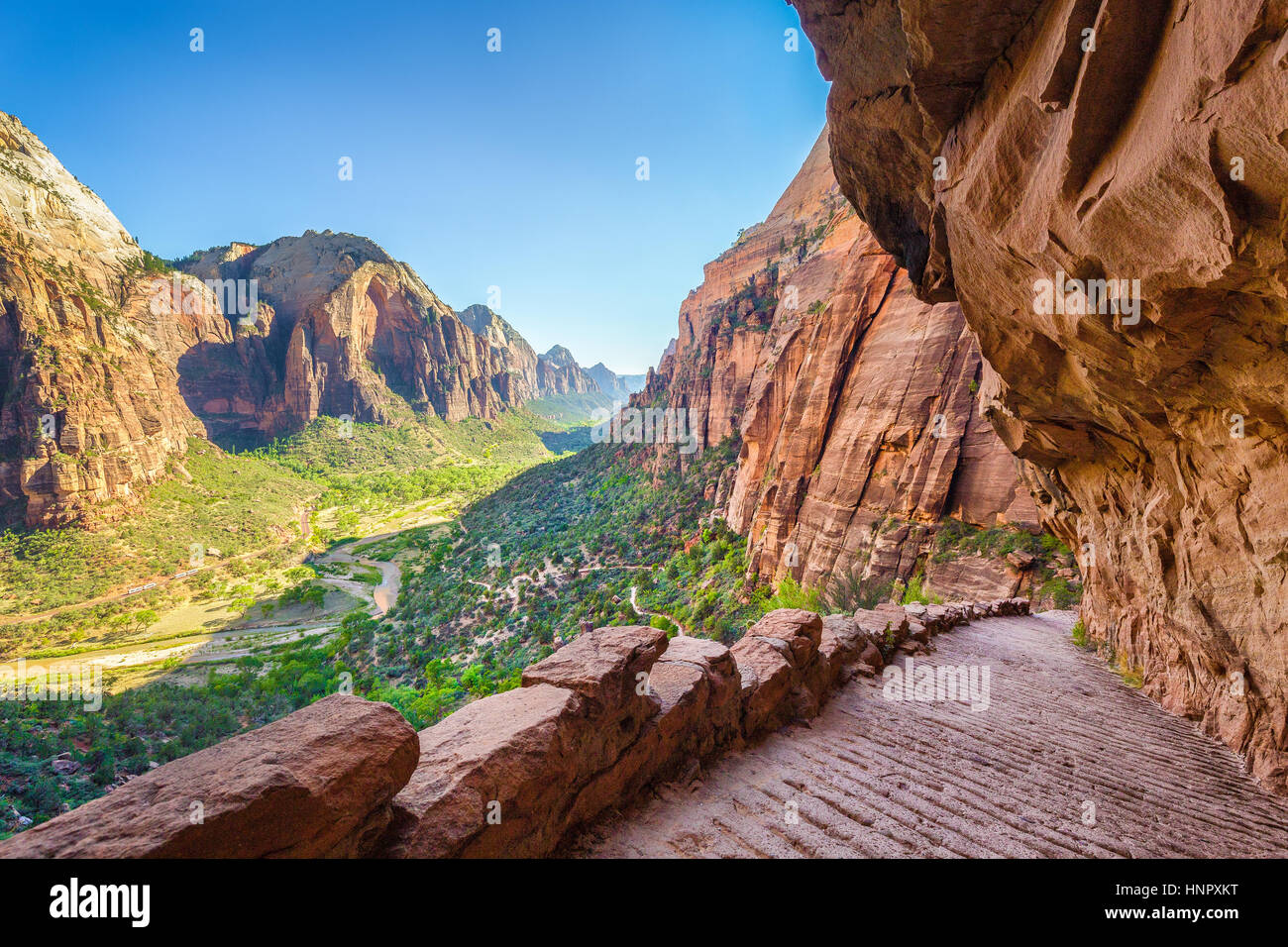 Panoramic view of famous Angels Landing hiking trail lead overlooking scenic Zion Canyon on a beautiful sunny day with blue sky, Zion National Park Stock Photo