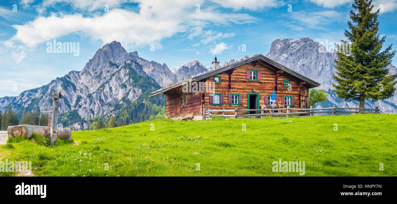 Panoramic view of idyllic mountain scenery in the Alps with traditional mountain chalet and green mountain pastures with blooming flowers in summer Stock Photo