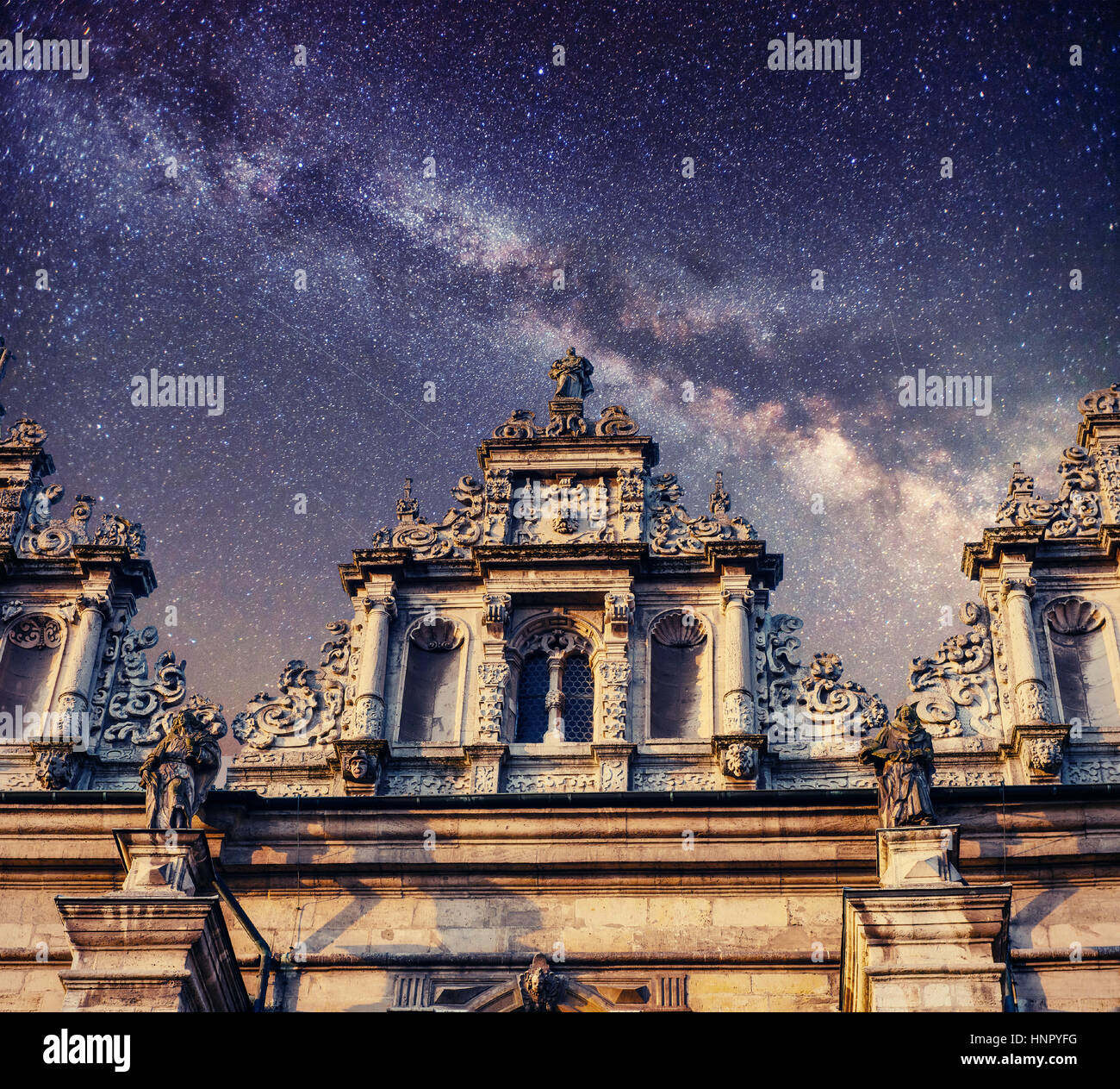 Architecture outside church. Night time starry sky. Retro stale Stock ...