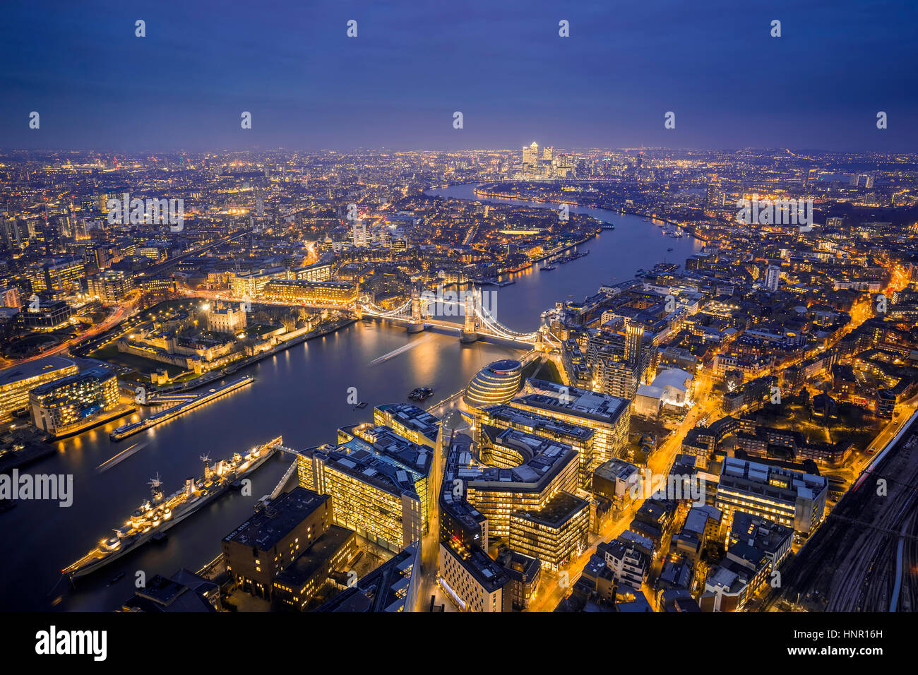 London, England - Aerial Skyline view of London. This view includes the Tower of London, the iconic Tower Bridge, HMS Belfast ship and skyscrapers of  Stock Photo