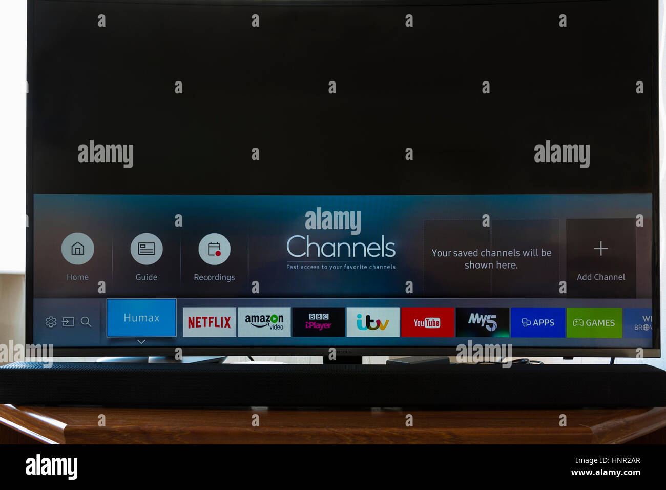 Ultra Hd Led Smart Tv Screen Showing The Many Options Available For Downloading Media For Television Viewers Stock Photo Alamy
