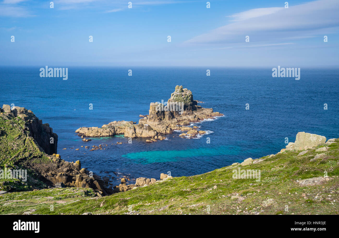 United Kingdom, South West England, Cornwall, Cornish Coast at Land's End, the westermost tip of England, view of the Armed Knight Rock island Stock Photo