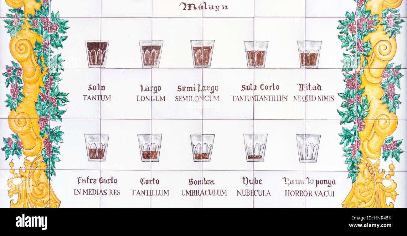 Malaga, Spain, has it own names for the different coffees you can ask. For sure you will find yours! Stock Photo