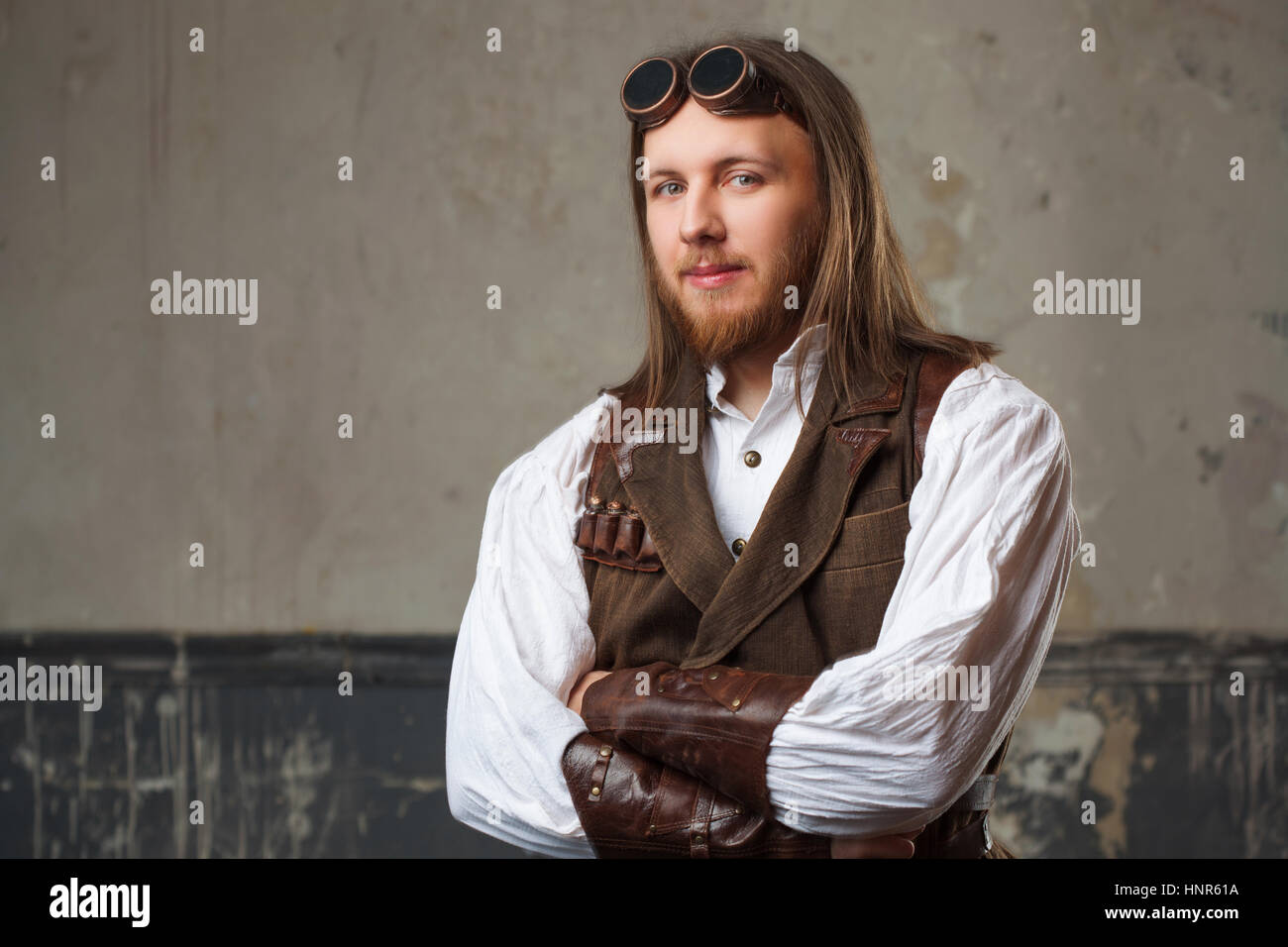 Handsome Male Steam Punk Retro Man Portrait Over Grunge