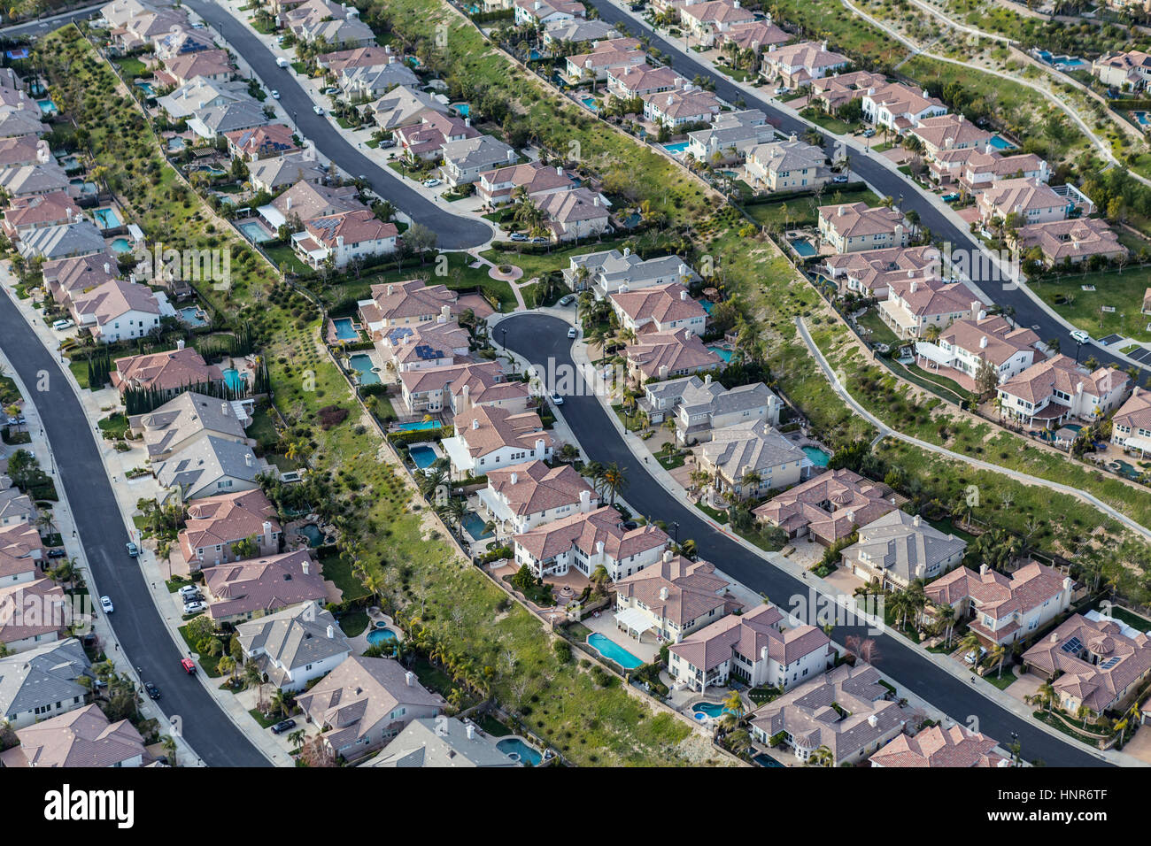 Aerial view of clean suburban streets in the Stevenson Ranch area of Los Angeles County, California. Stock Photo