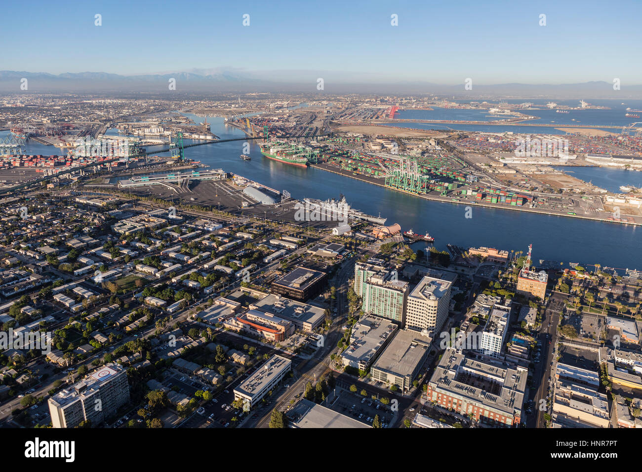 Los Angeles, California, USA - August 16, 2016:  Aerial view of San Pedro and the Los Angeles Harbor main channel. Stock Photo