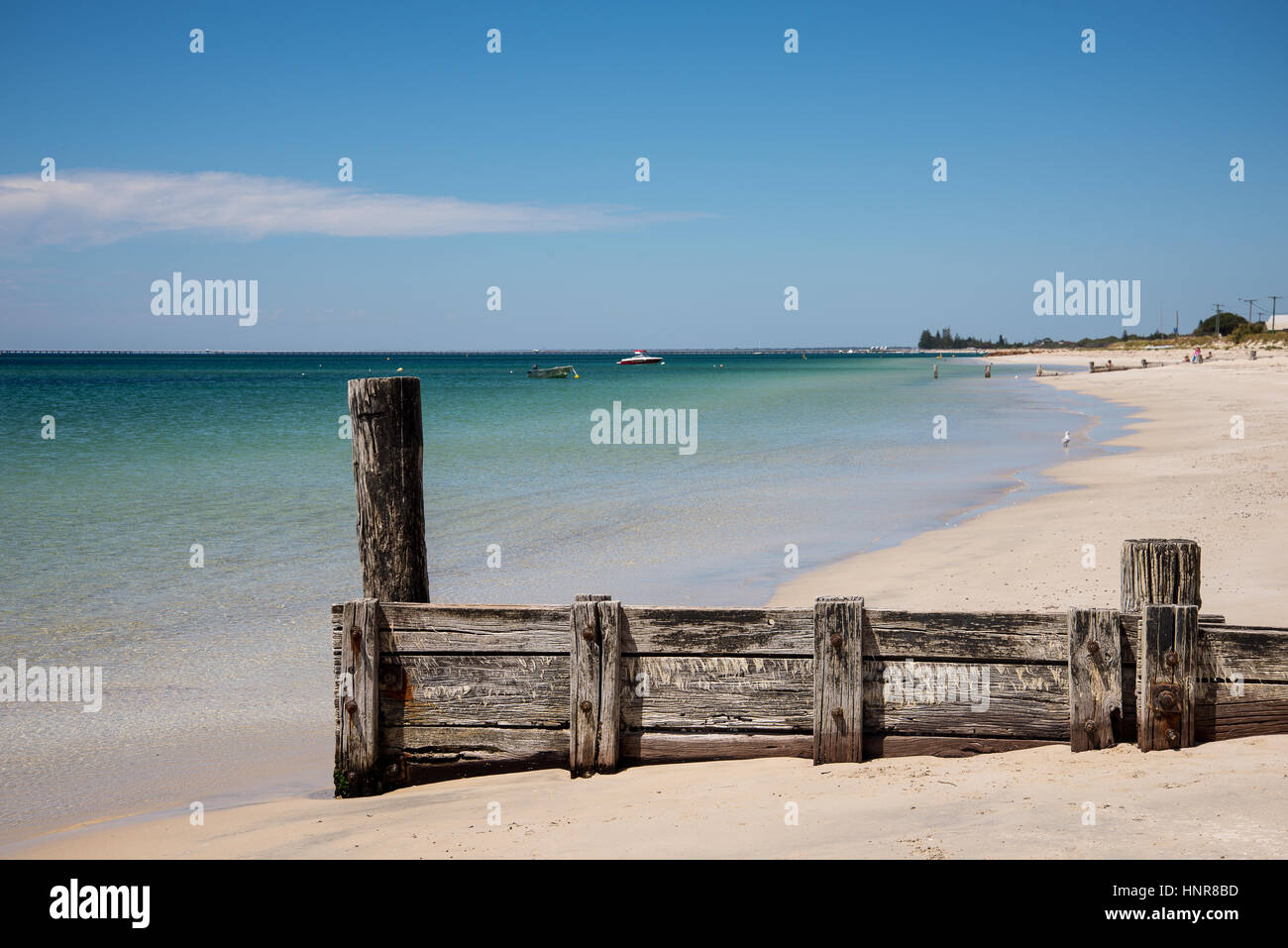 Scenic old jetty remains on Busselton Beach at Geographe Bay Stock Photo