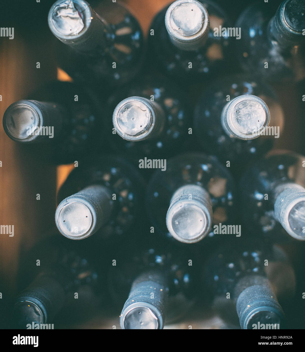 Wine bottles in the wine store. Top view. Stock Photo