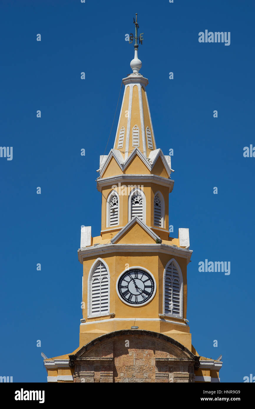 Historic Clock Tower (Torre del Reloj) above the main gateway into the historic walled city of Cateragena de Indias in Colombia Stock Photo