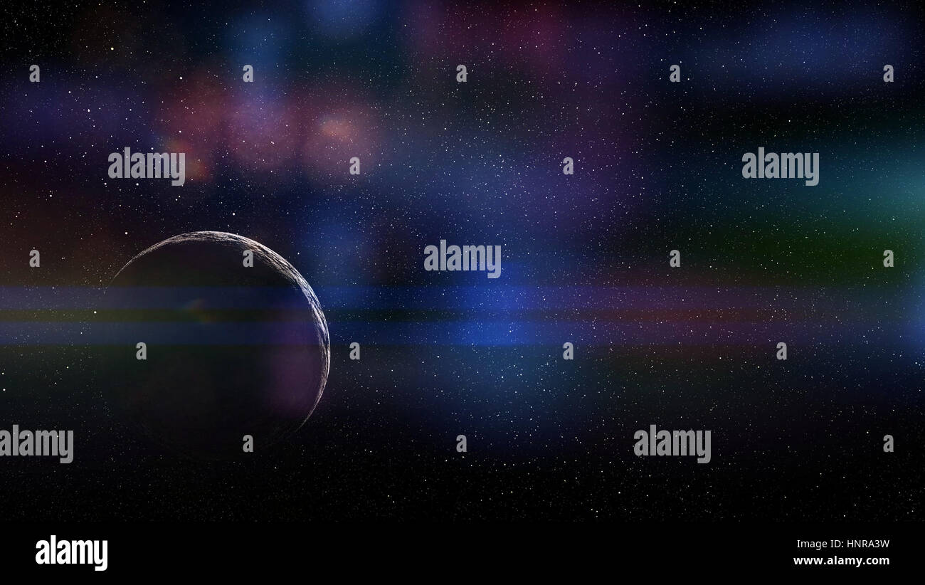 rocky planet far away in deep black space (with lens flare effect) Stock Photo